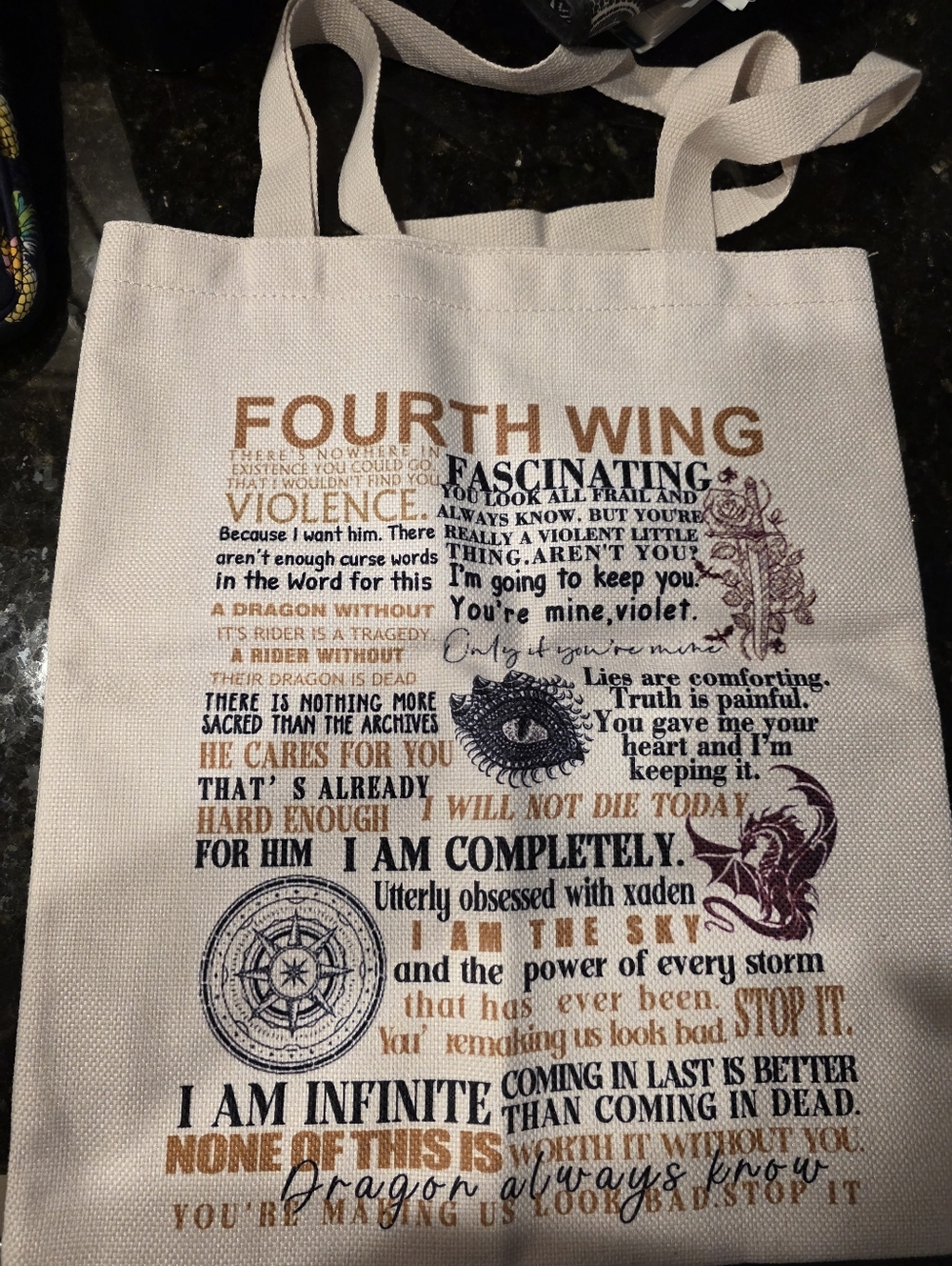 Fourth Wing Quote Tote Bag in Cream with Brown & Black Print